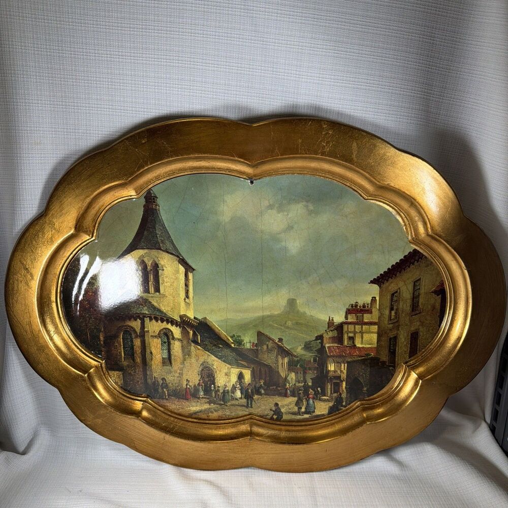 Large Mid Century Florentine Faux Wood Tray Italy Scalloped Gold Vanity Tray